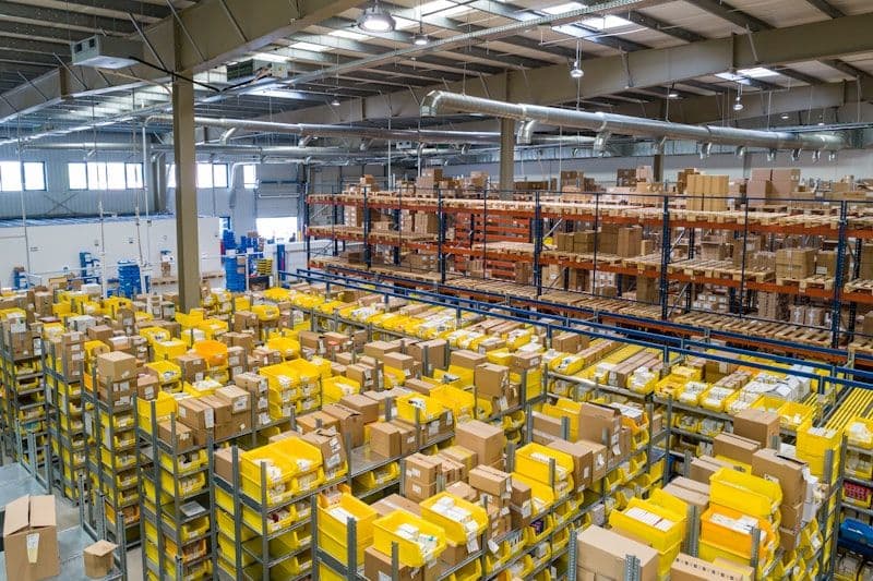 Consumer goods warehouse with organized product distribution and logistics